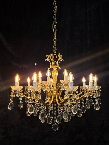Fabulous Large Vintage Italian Heavy 10 Arm 15 Light Brass Crystal Chandelier