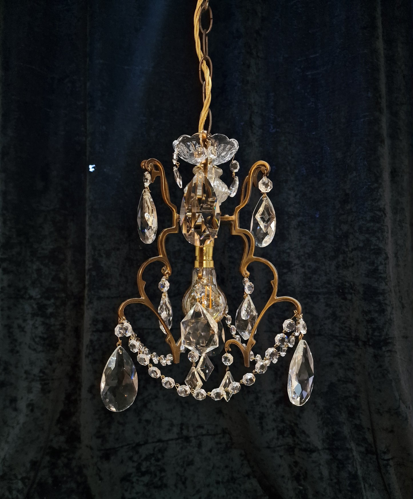 Lovely Petite Vintage French 1 Light Caged Brass Crystal Glass Chandelier