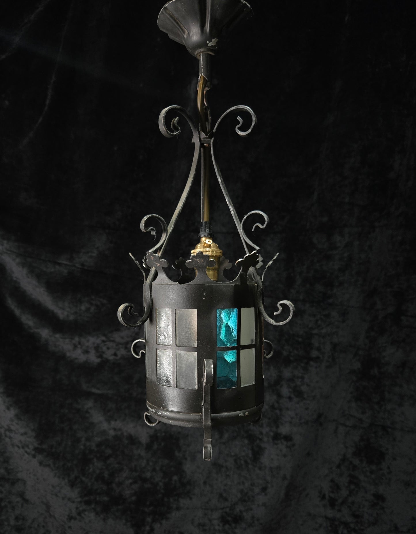 Lovely Petite Vintage French Wrought Iron Gothic Coloured Glass Lantern Light