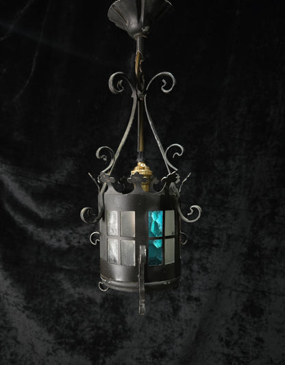 Lovely Petite Vintage French Wrought Iron Gothic Coloured Glass Lantern Light