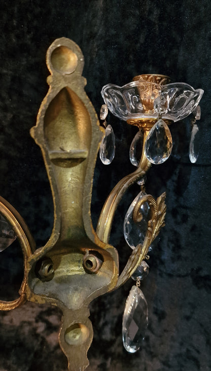 Elegant Pair Antique French 2 Arm Leaf Candle Crystal Brass Wall Lights Sconces