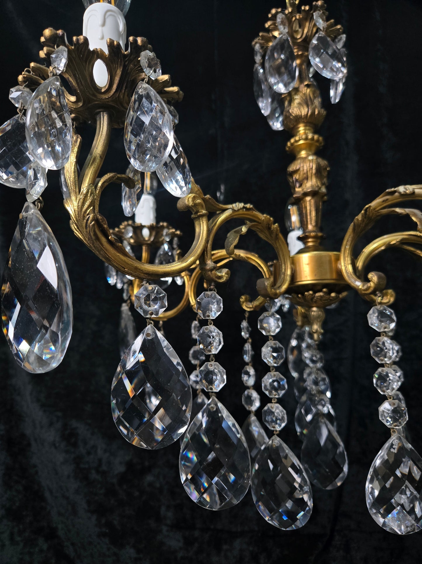 Fabulous Vintage French 5 Arm Brass Heavy Crystal Leaf Chandelier Ceiling Light