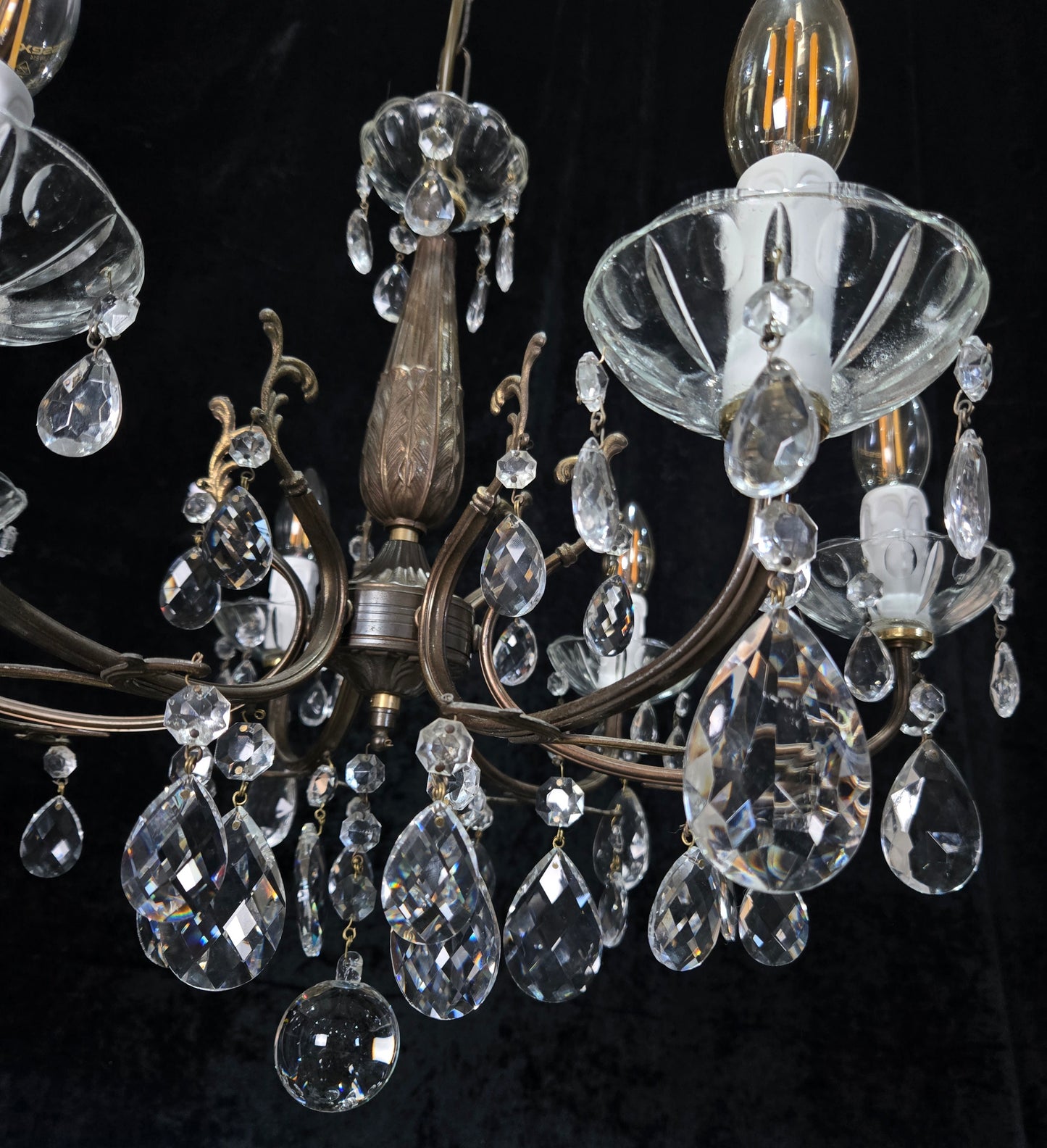 Beautiful Vintage Italian 6 Arm Brass Glass Crystal Chandelier Ceiling Light