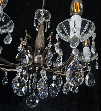 Beautiful Vintage Italian 6 Arm Brass Glass Crystal Chandelier Ceiling Light