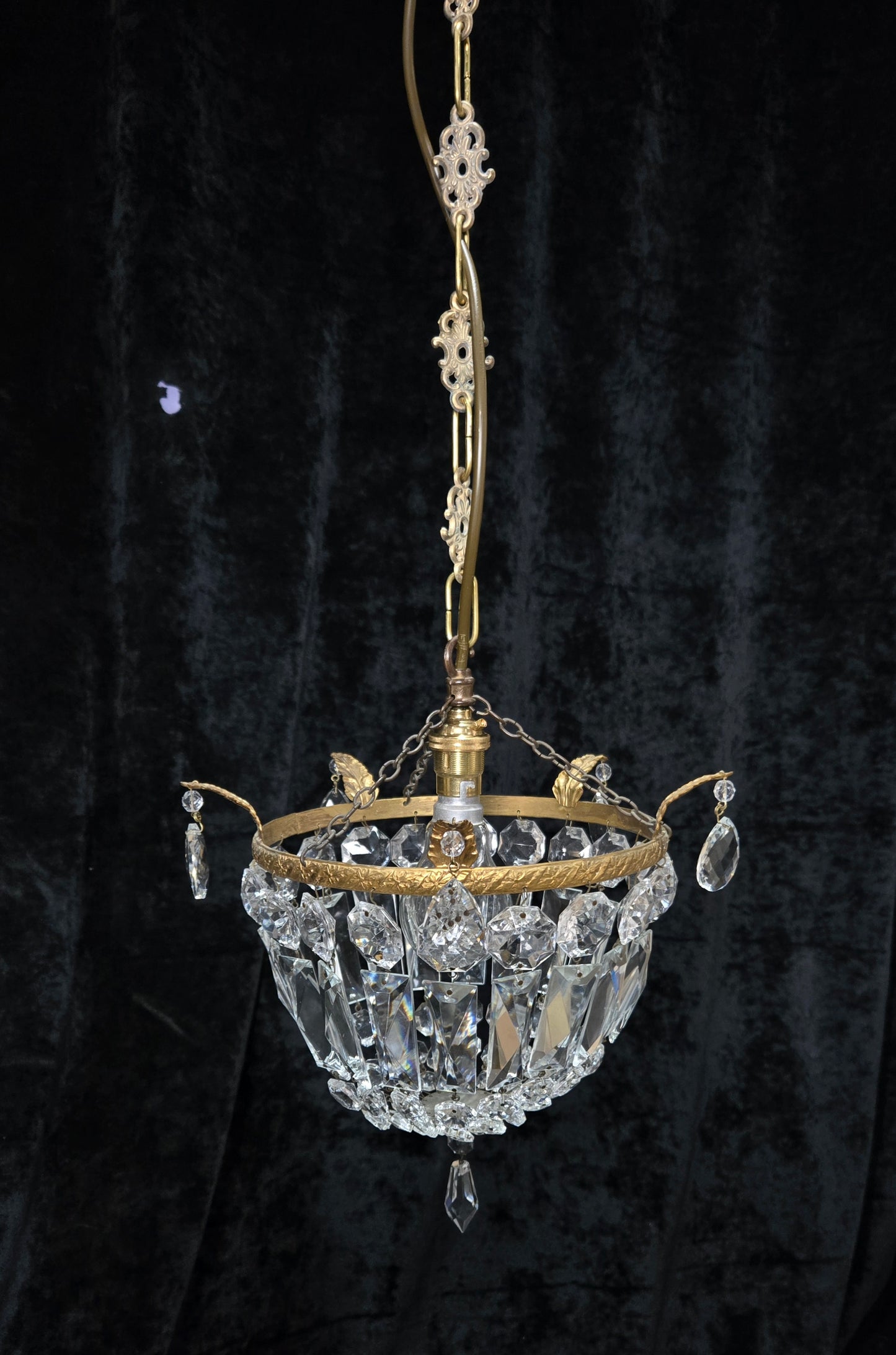 Beautiful Antique French Crystal Half Bag Brass Leaf Chandelier Ceiling Light