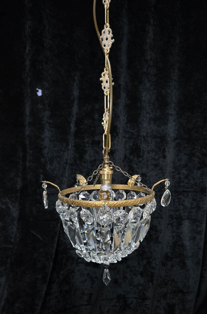 Beautiful Antique French Crystal Half Bag Brass Leaf Chandelier Ceiling Light