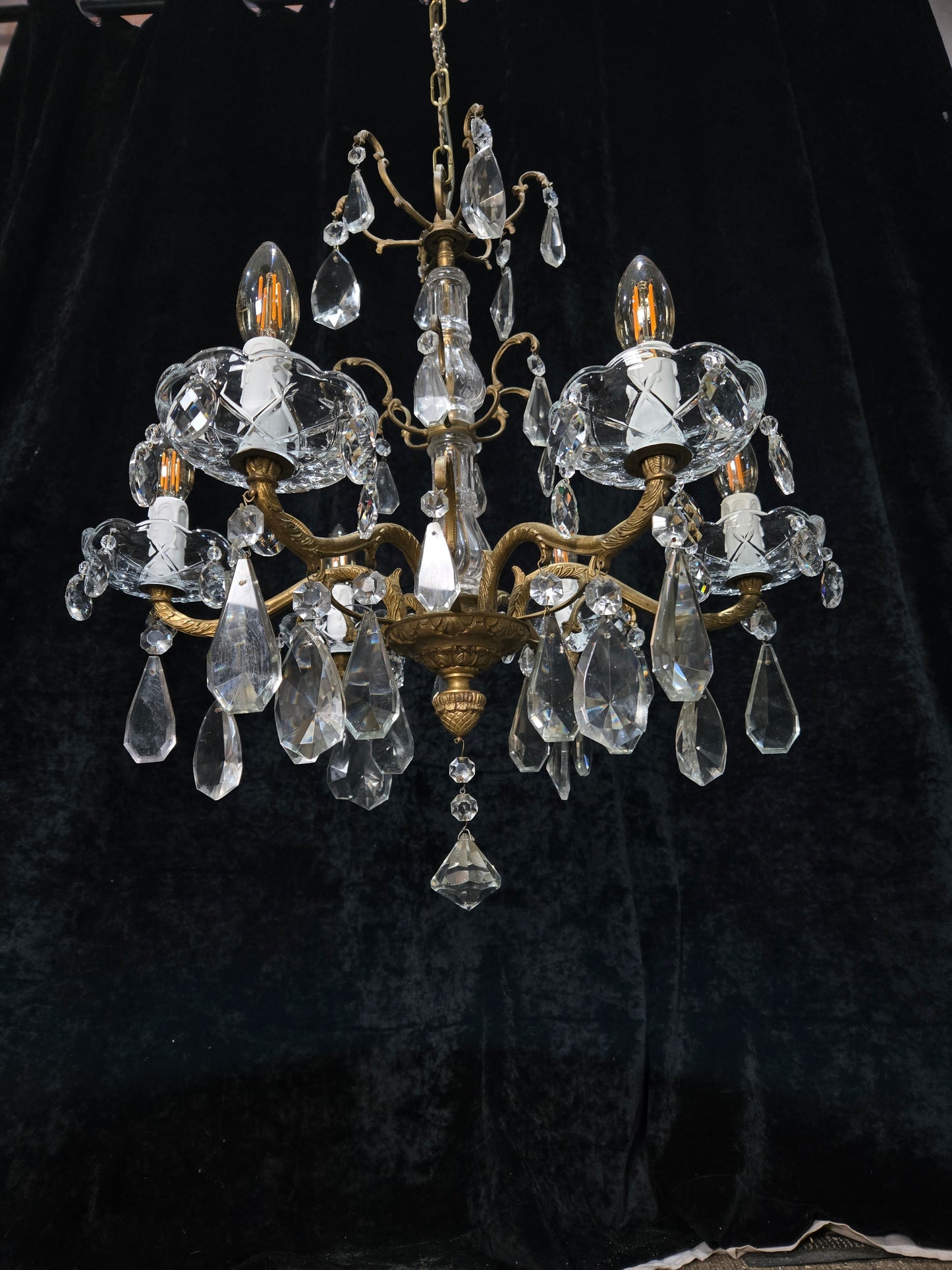 Fabulous Antique French 6 Arm Brass 2 Tier Crystal Chandelier Ceiling Light