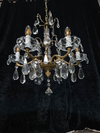 Fabulous Antique French 6 Arm Brass 2 Tier Crystal Chandelier Ceiling Light