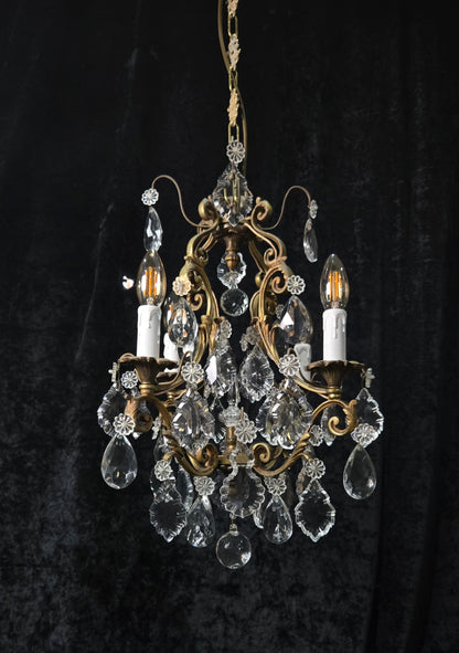 Gorgeous Heavy Antique French 4 Arm Caged Bronze Crystal Chandelier Light
