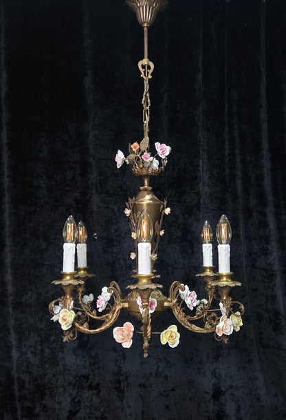 Fabulous Vintage Italian 6 Arm Brass Florentine Flower Roses Chandelier Light