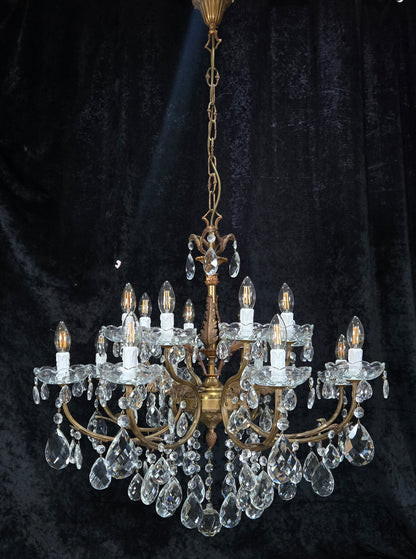 Fabulous Large Vintage Italian Heavy 8 Arm 16 Light Brass Crystal Chandelier