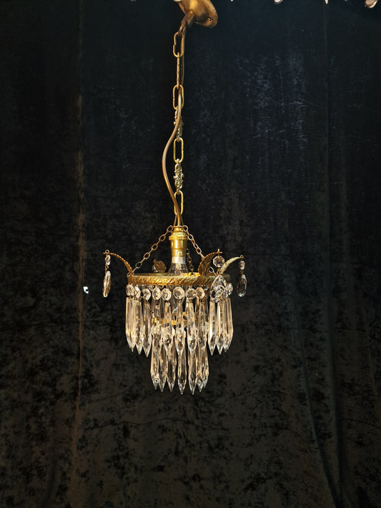 Lovely Antique French Brass Dainty 1 Light Glass Waterfall Leaf Chandelier