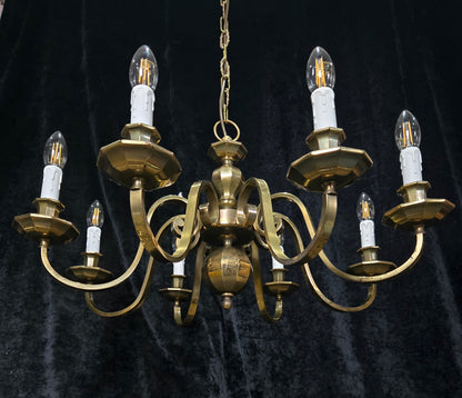 Classical Vintage Polished Brass Large 8 Arm Flemish Style Chandelier Light