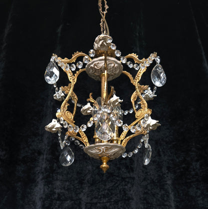 Lovely Vintage Spanish 3 Light Crystal and Brass Ceramic Roses Cage Chandelier