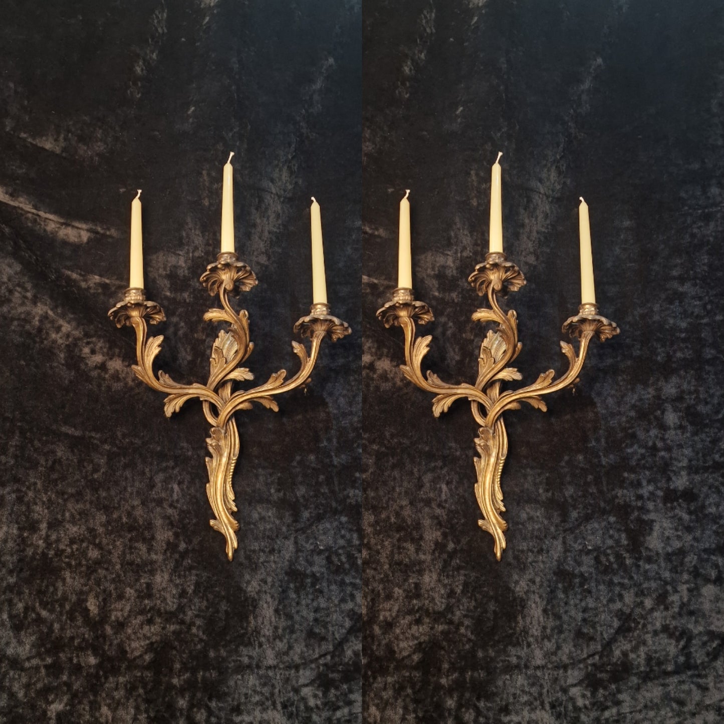 Gorgeous Pair Large 3 Arm Antique French Solid Brass Candle Wall Lights Sconces