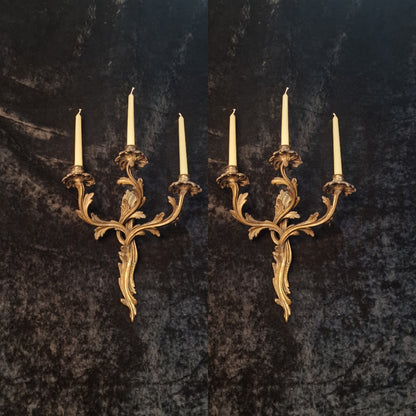 Gorgeous Pair Large 3 Arm Antique French Solid Brass Candle Wall Lights Sconces