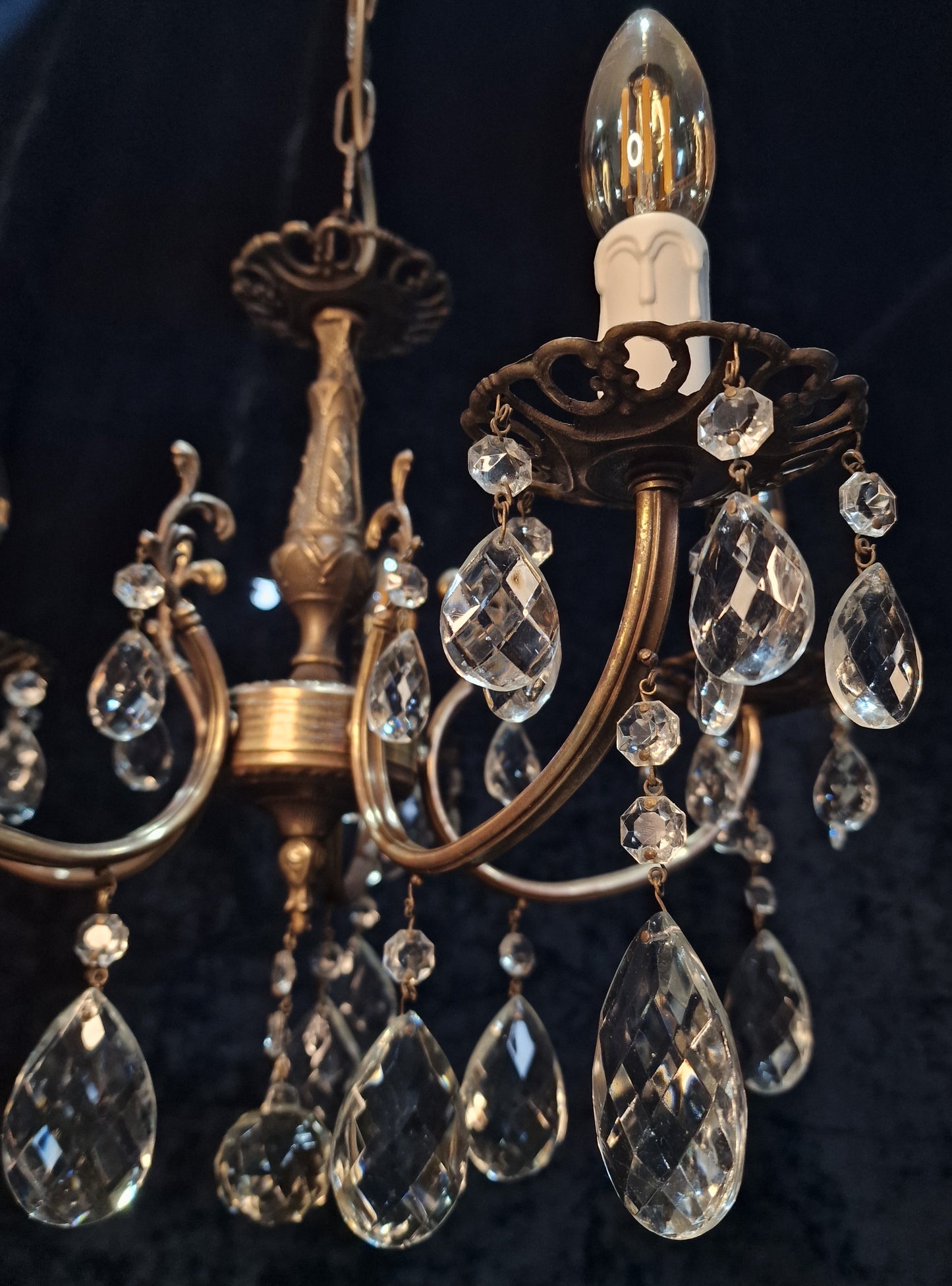 Beautiful Vintage French 5 Arm Brass and Crystal Chandelier Ceiling Light