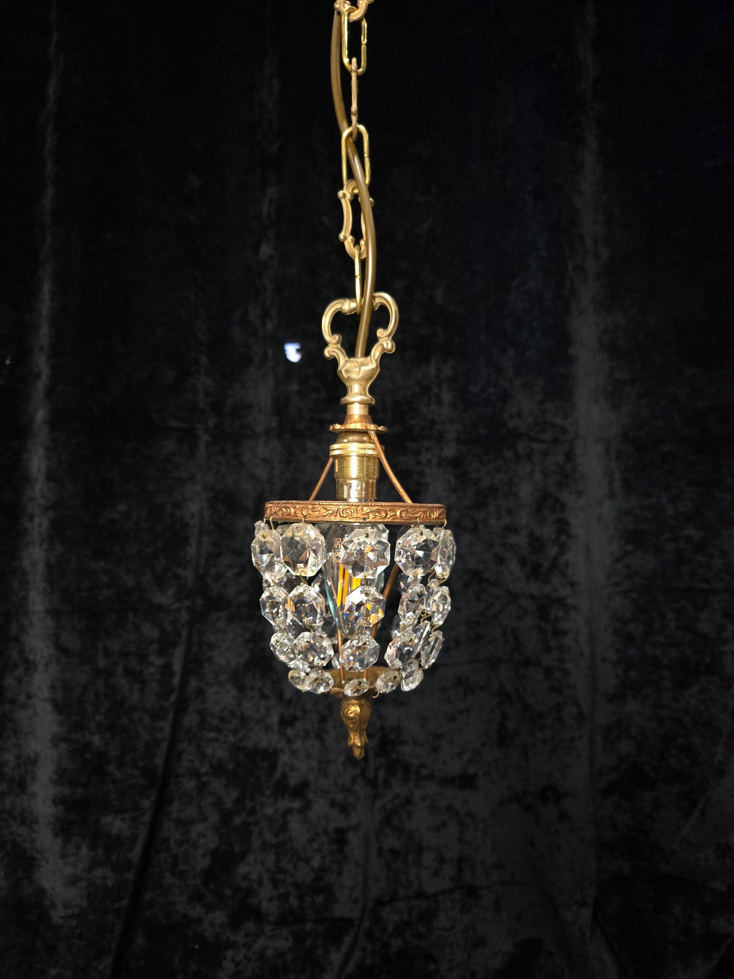 Petite Vintage French Crystal Half Bag Brass 1 Light Chandelier Ceiling Light