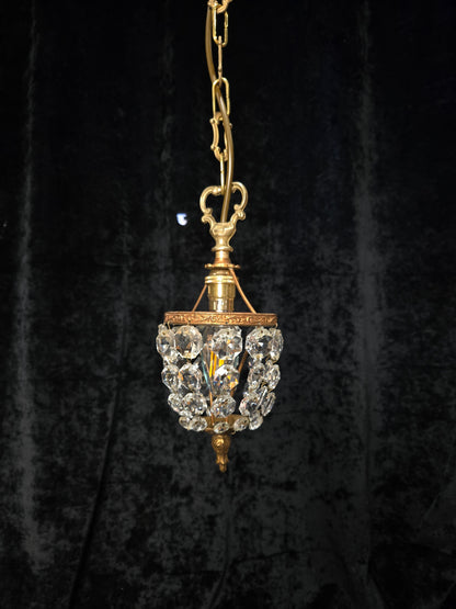 Petite Vintage French Crystal Half Bag Brass 1 Light Chandelier Ceiling Light