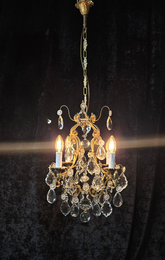 Gorgeous Heavy Antique French 4 Arm Caged Bronze Crystal Chandelier Light