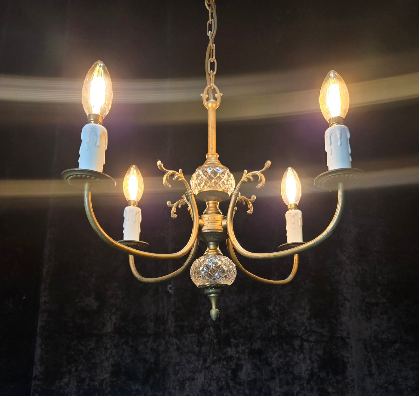 Classical Vintage French 4 Arm Lacquered Brass Crystal Chandelier Ceiling Light