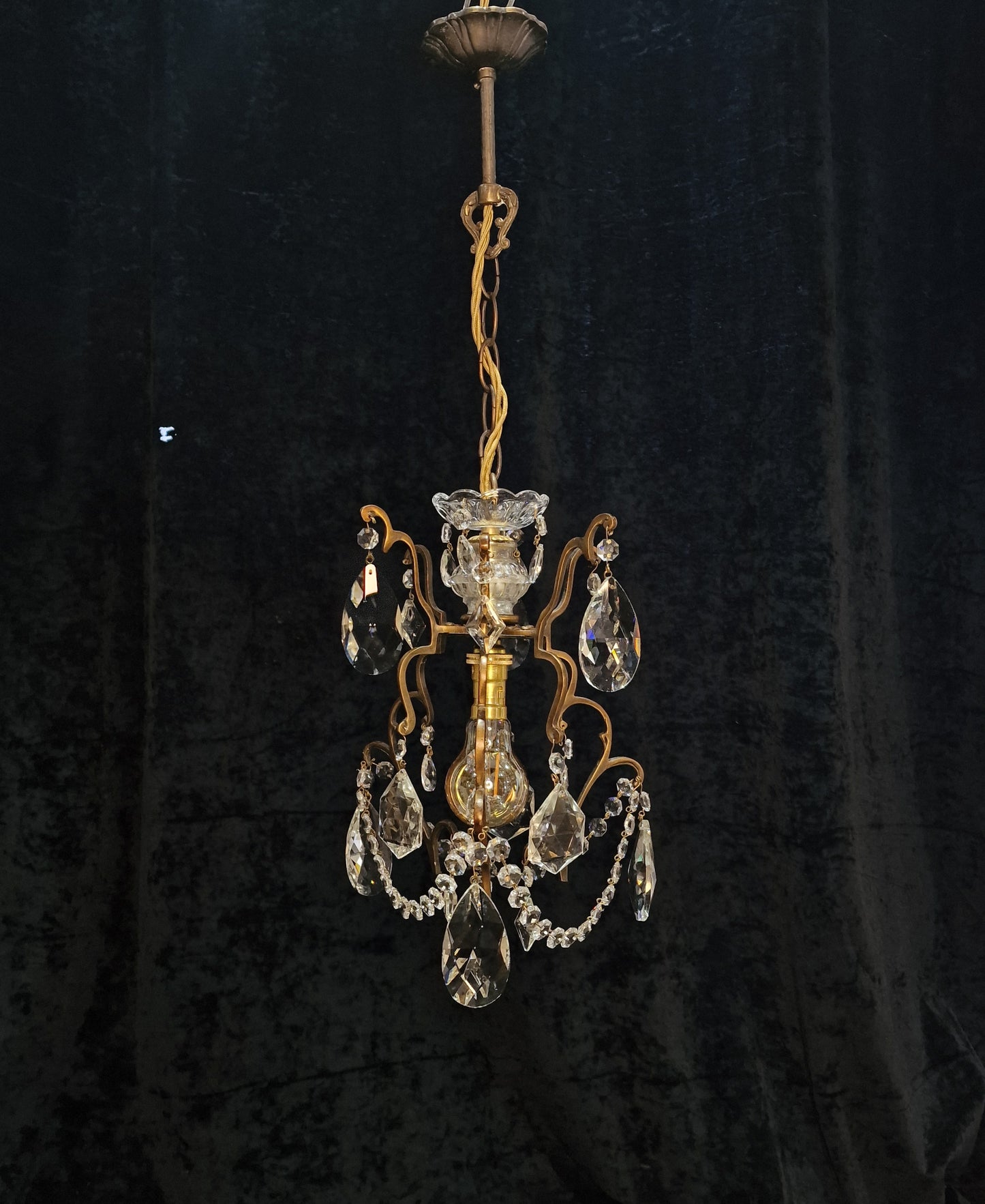 Lovely Petite Vintage French 1 Light Caged Brass Crystal Glass Chandelier