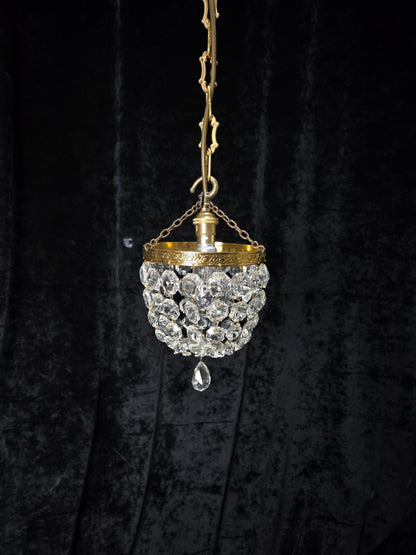 Petite Vintage French Crystal Half Bag Brass Leaf Chandelier Ceiling Light