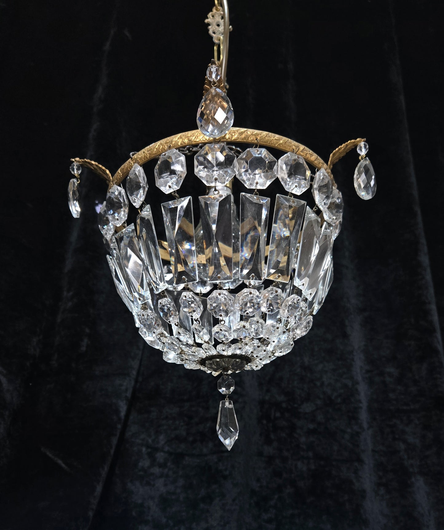 Beautiful Antique French Crystal Half Bag Brass Leaf Chandelier Ceiling Light
