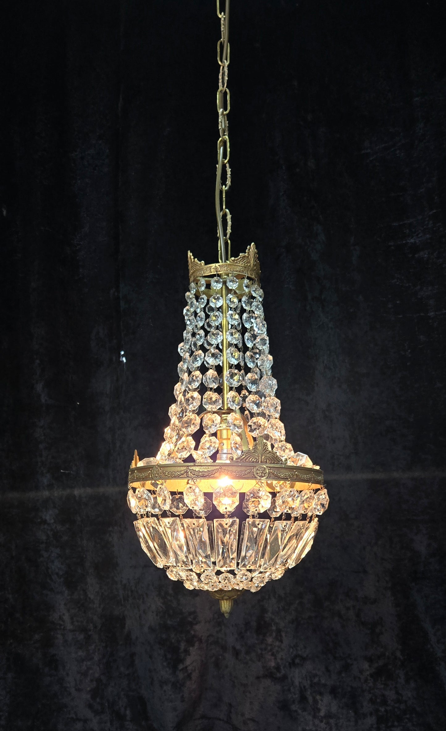 Traditional Antique French 1 Light Brass and Crystal Montgolfiere Chandelier