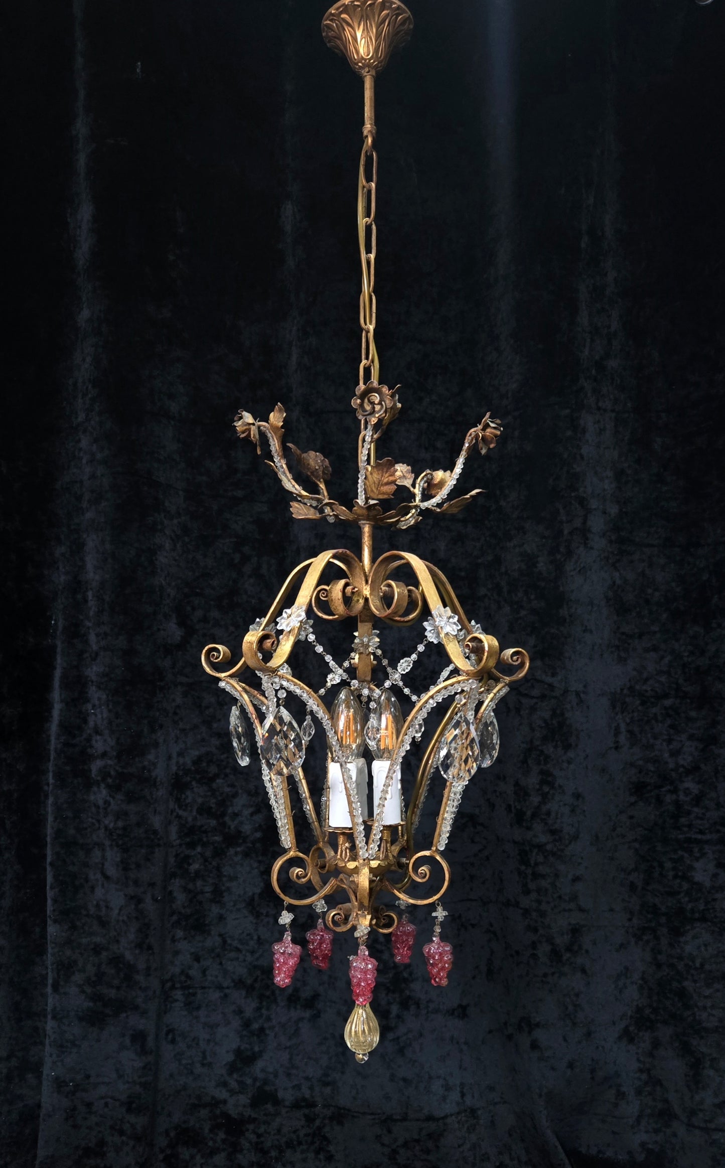 Fabulous Vintage Italian 3 Arm Caged Florentine Flower Crystal Chandelier Light