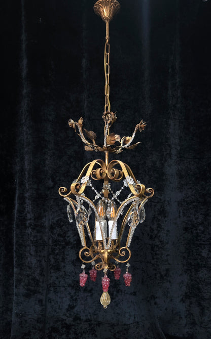 Fabulous Vintage Italian 3 Arm Caged Florentine Flower Crystal Chandelier Light