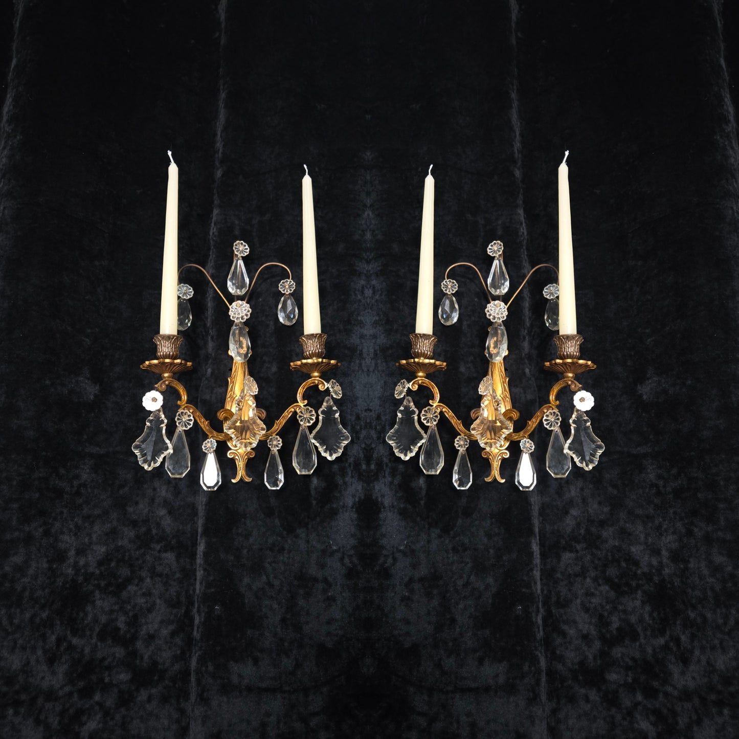 Beautiful Pair Antique French Gilt Bronze Brass 2 Arm Crystal Candle Wall Lights