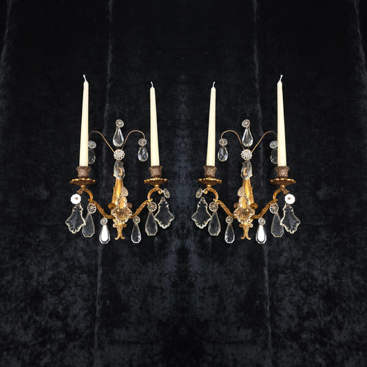 Beautiful Pair Antique French Gilt Bronze Brass 2 Arm Crystal Candle Wall Lights