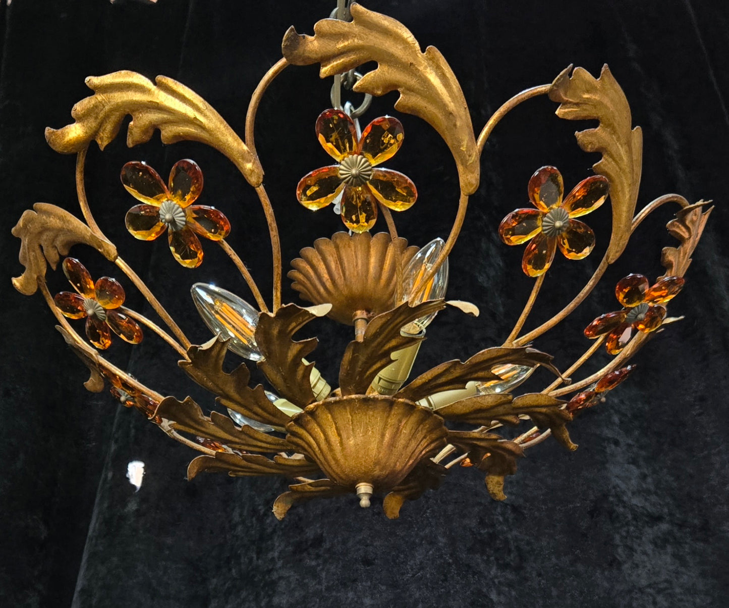 Beautiful Vintage Italian Banci 5 Light Gilded Toleware Flush Ceiling Chandelier