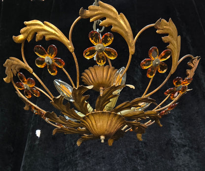 Beautiful Vintage Italian Banci 5 Light Gilded Toleware Flush Ceiling Chandelier
