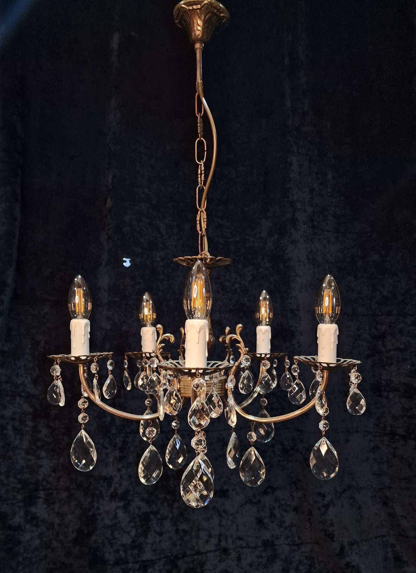 Beautiful Vintage French 5 Arm Brass and Crystal Chandelier Ceiling Light