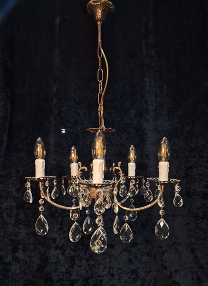 Beautiful Vintage French 5 Arm Brass and Crystal Chandelier Ceiling Light