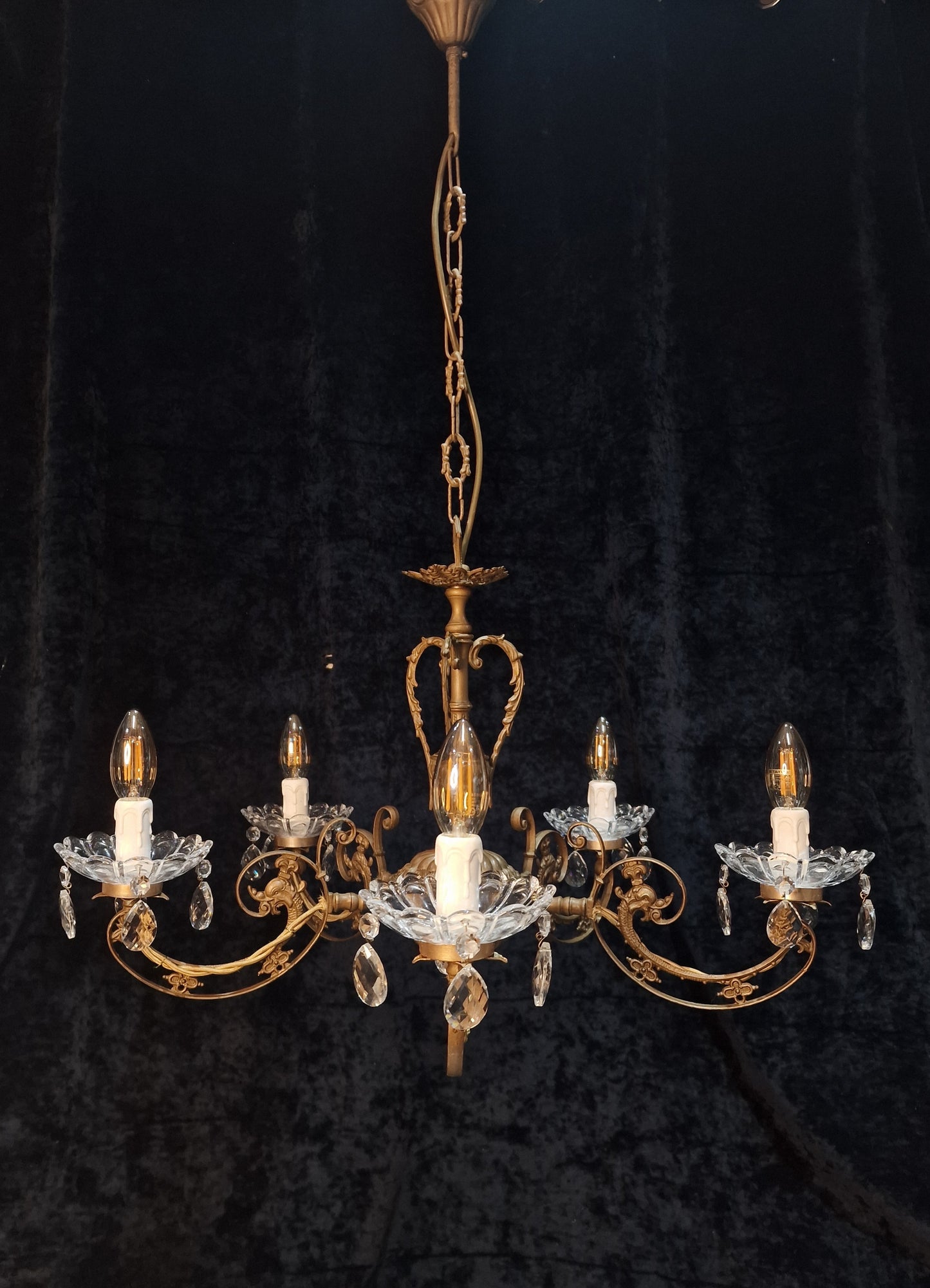 Beautiful 5 Arm Vintage Italian Brass and Crystal Dolphin Chandelier Light