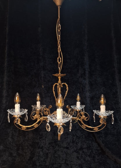 Beautiful 5 Arm Vintage Italian Brass and Crystal Dolphin Chandelier Light