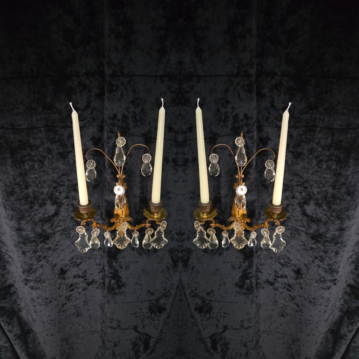 Beautiful Pair Antique French Gilt Bronze Brass 2 Arm Crystal Candle Wall Lights