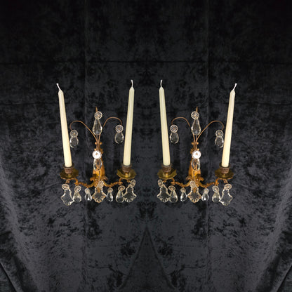 Beautiful Pair Antique French Gilt Bronze Brass 2 Arm Crystal Candle Wall Lights