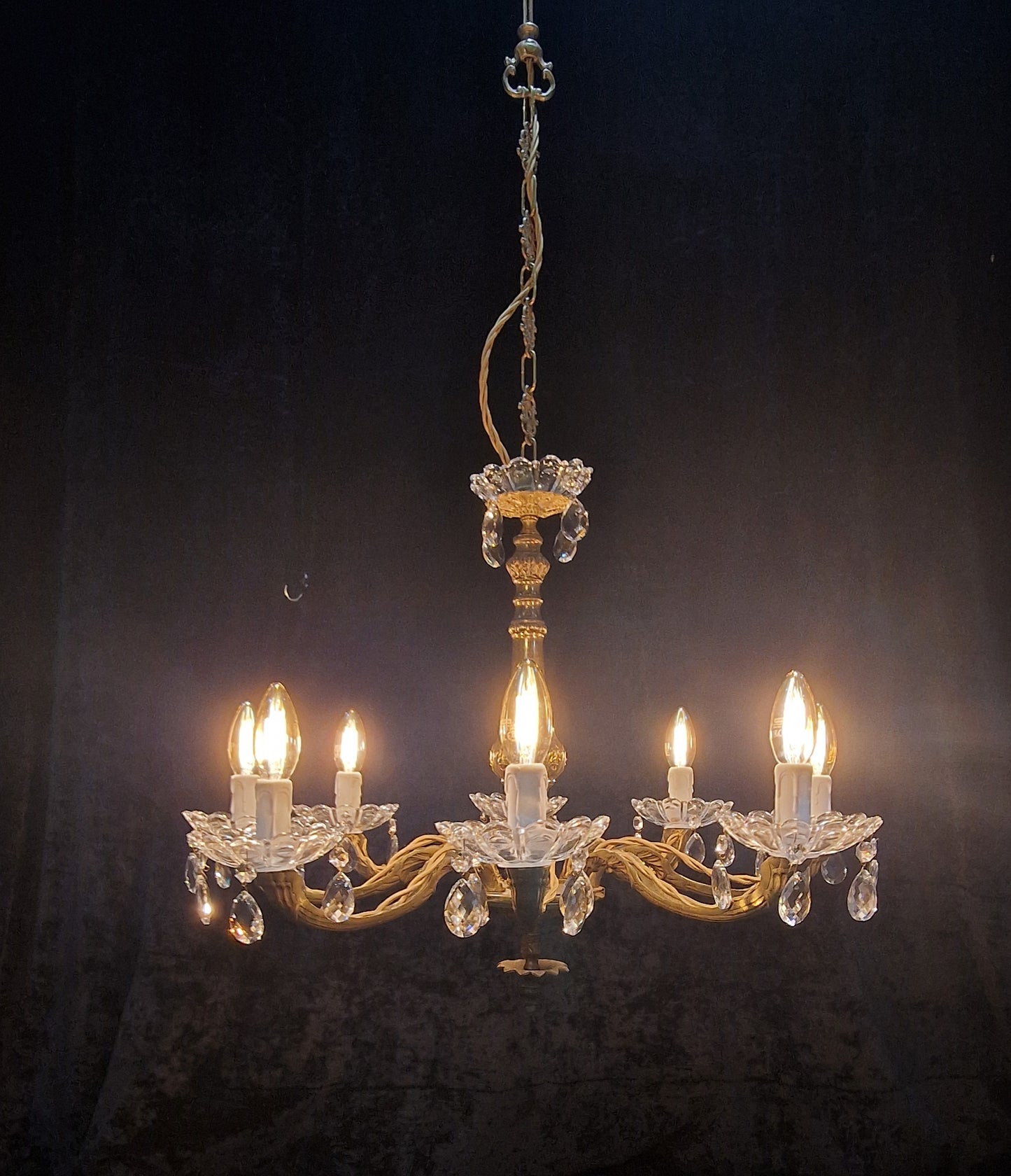 Gorgeous Vintage French Heavy Brass 8 Arm Crystal Chandelier Ceiling Light