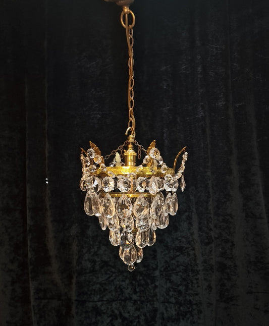 Lovely Vintage French Brass 1 Light Crystal Glass 4 Tier Waterfall Leaf Chandelier