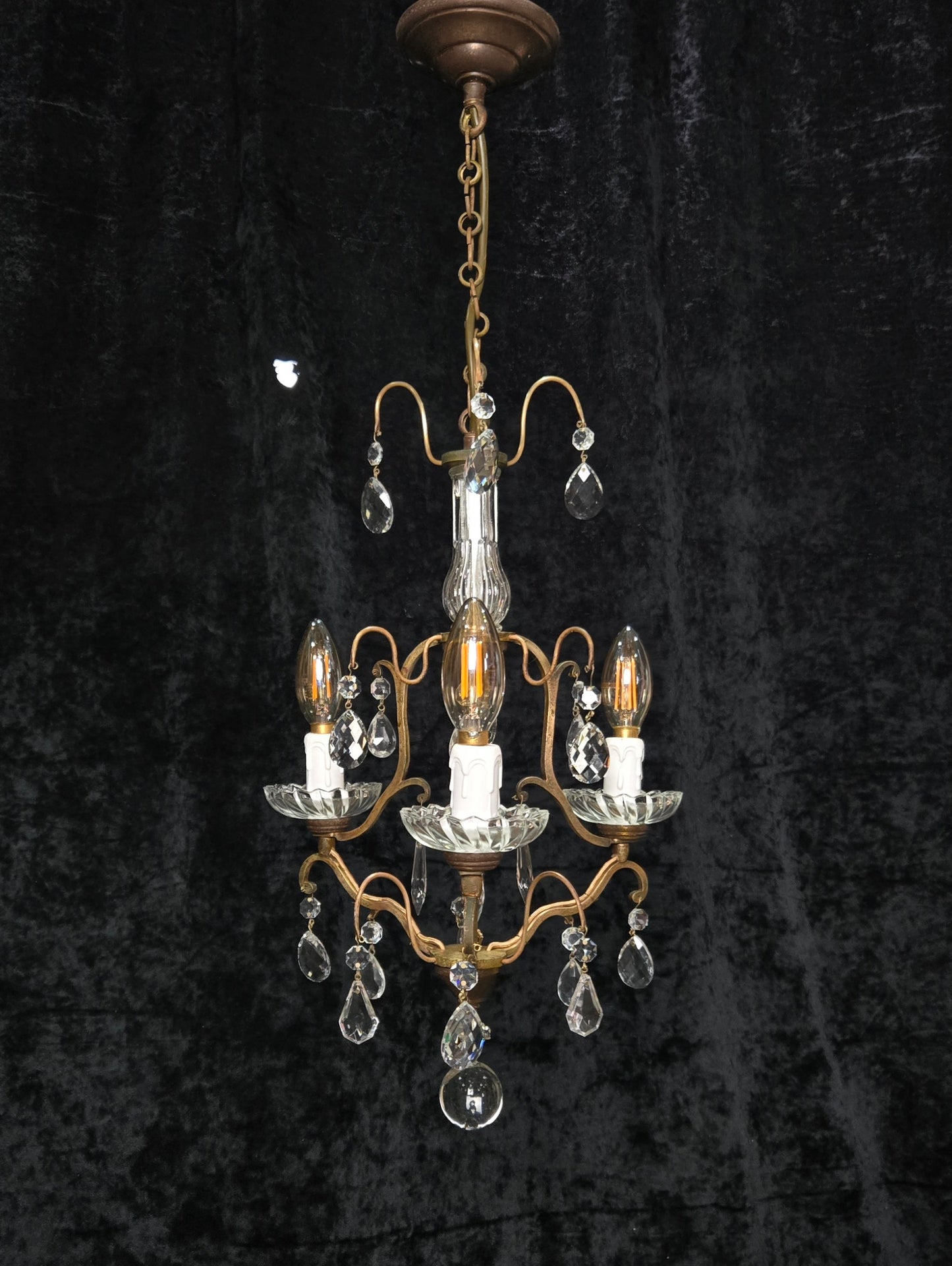 Lovely Petite Antique French 3 Arm Cage Brass Crystal Chandelier Ceiling Light