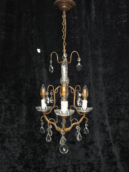 Lovely Petite Antique French 3 Arm Cage Brass Crystal Chandelier Ceiling Light