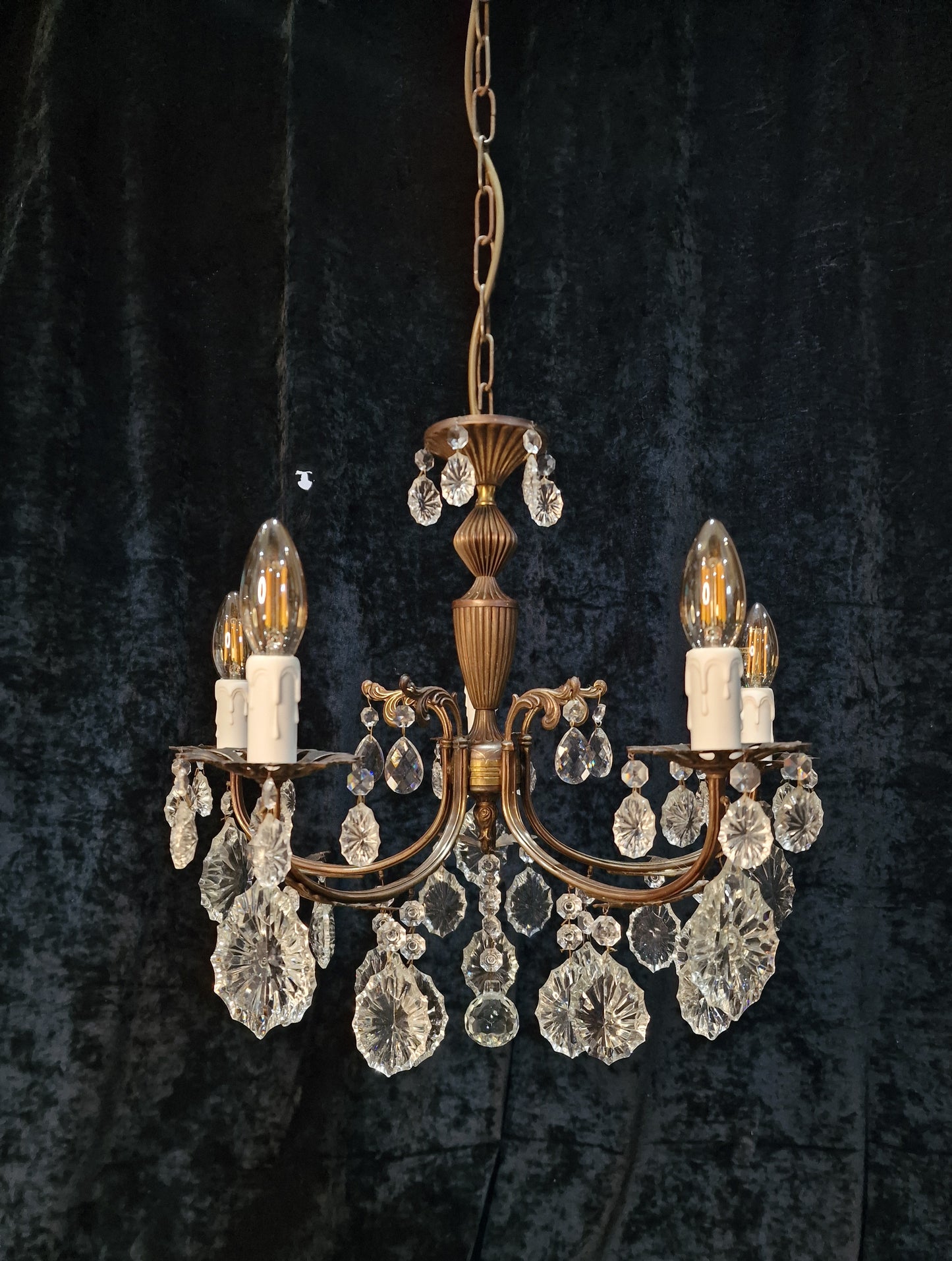 Beautiful Elegant Vintage Italian 5 Arm Brass Crystal Chandelier Ceiling Light