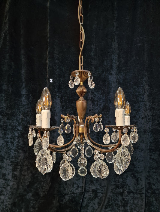 Beautiful Elegant Vintage Italian 5 Arm Brass Crystal Chandelier Ceiling Light