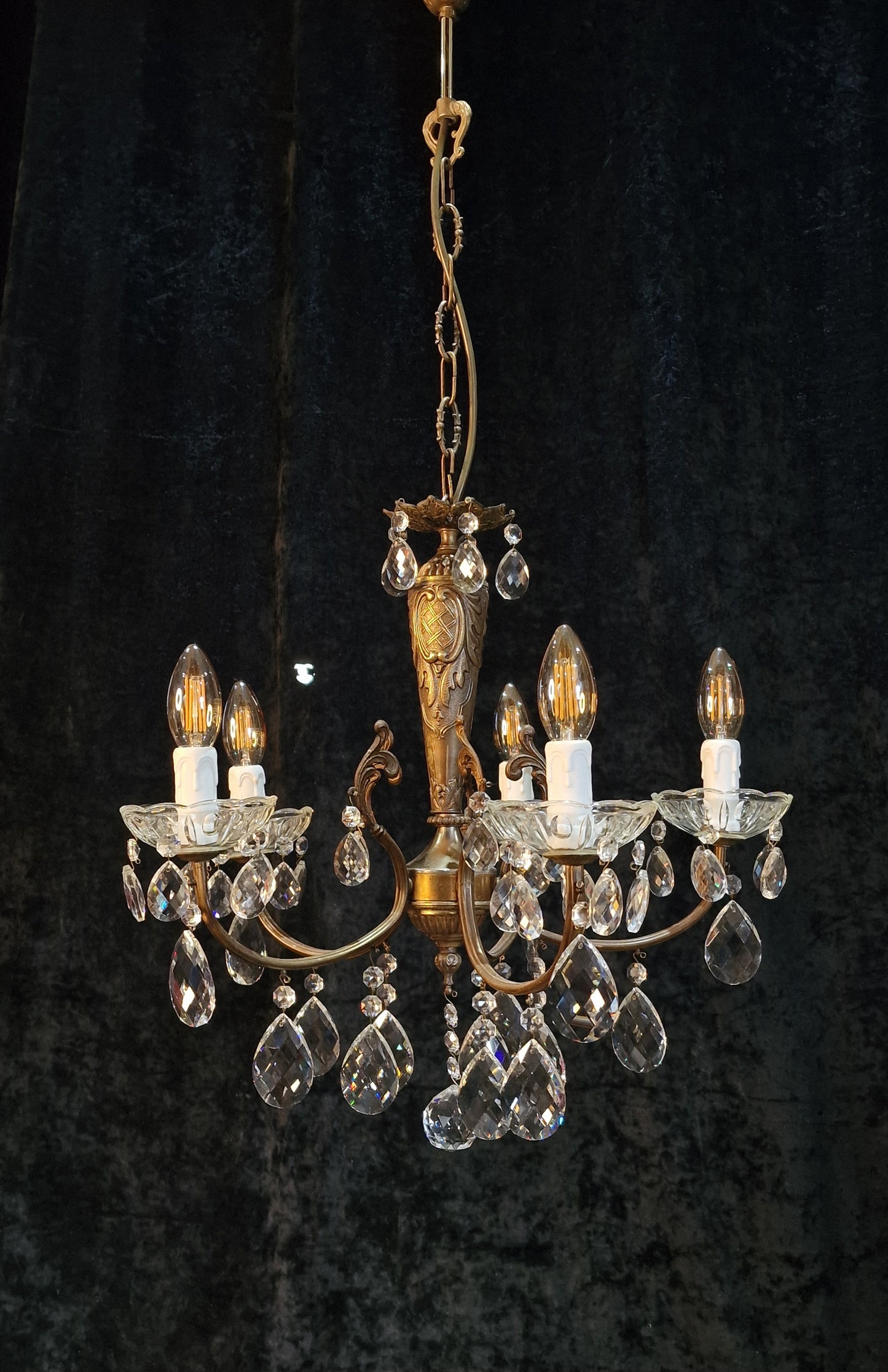 Lovely Elegant Vintage Italian 5 Arm Brass Crystal Chandelier Ceiling Light