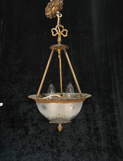 Lovely Vintage Brass Cut Glass Starburst 2 Light Spanish Lantern Chandelier