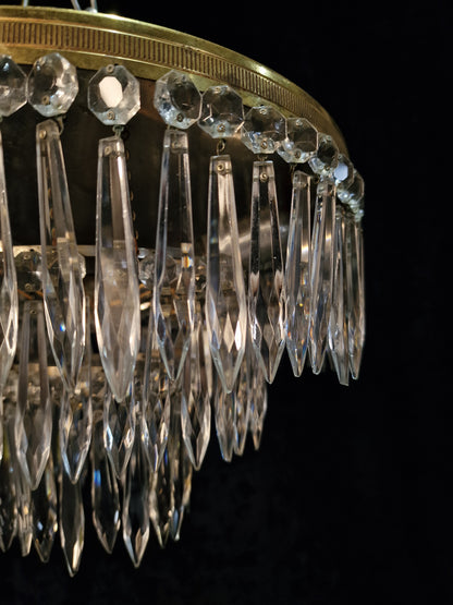 Beautiful Vintage French 3 Tier 3 Light Brass Crystal Waterfall Flush Mount